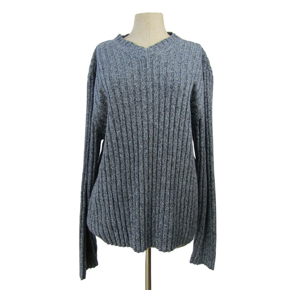 Structure Women's Blue & Gray Long Sleeve V-Neck Ribbed Knit Sweater Size XL